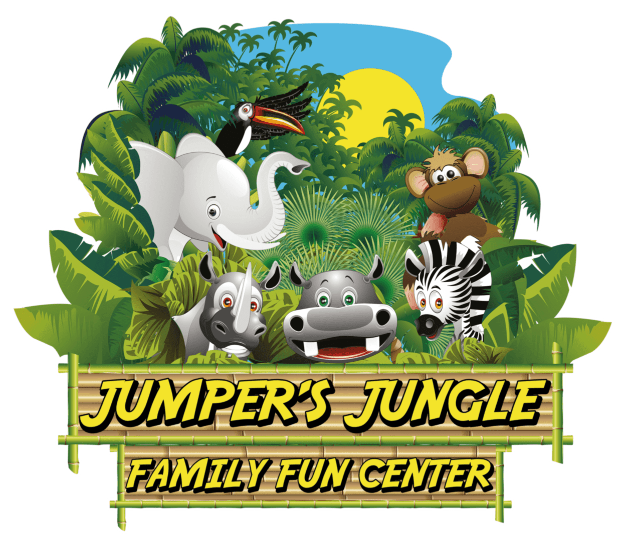 Cartoon animals in a jungle setting.